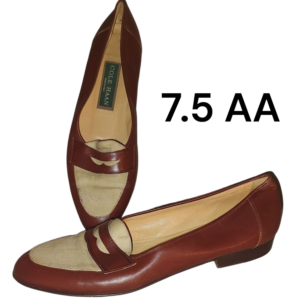 7.5 AA Narrow Cole Haan Brown & Cream Spectator Penny Loafers Leather & Canvas